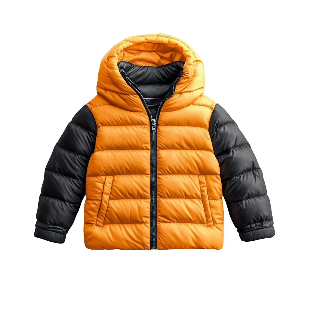 Chaqueta acolchada naranja y negra de referencia, vista frontal